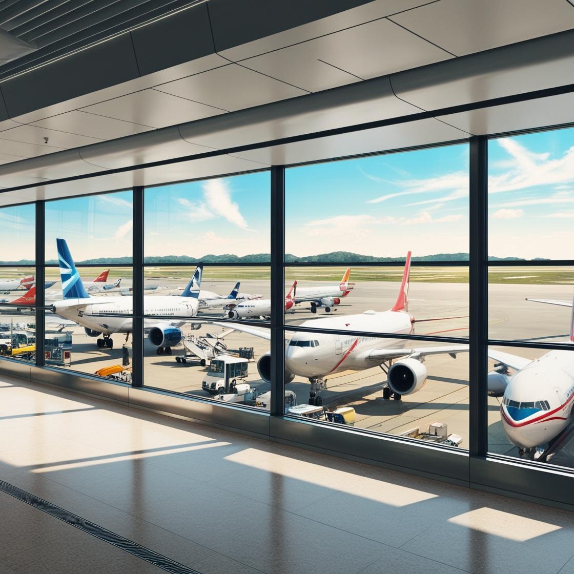Entrance of an airport terminal with transport options.